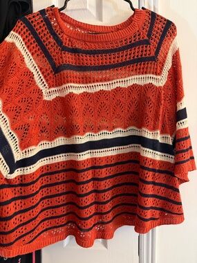 Women’s Open-Knit Striped Sweater Top in Orange, Navy & Cream